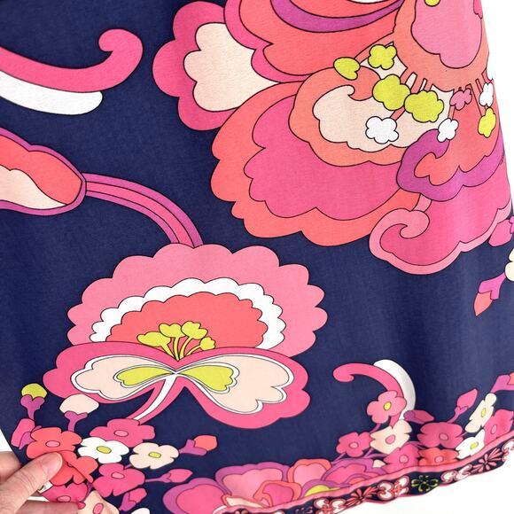 Trina Turk Floral Halter Mini Dress Sz 4 Lined Pink Navy Peach Retro Stretch - Picture 3 of 11